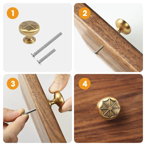 Durable Zinc Alloy Vintage Cabinet Knobs Five Pack - Antique Brass Drawer Pulls Art Deco Star Detail 1 1/8 Inch installation process with screws.