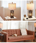 Set Of 2 Modern Bedside Lamps With Rustic Touch Control 3 Way Dimmable Lower Light And Dual USB Ports Cozy Farmhouse Vibe Vintage Style Table Lamps For Living Room And Bedroom Brown Finish With 4 Bulbs in a cozy room setting with a fabric shade and USB ports.
