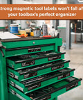 Magnetic Tool Box Labels With Icon 80 Pieces Pre Printed Drawer Markers Strong Magnet Tags For Steel Cabinets And Garage Organization Easy To Spot 3 By 1 Inch Black on green tool cabinet