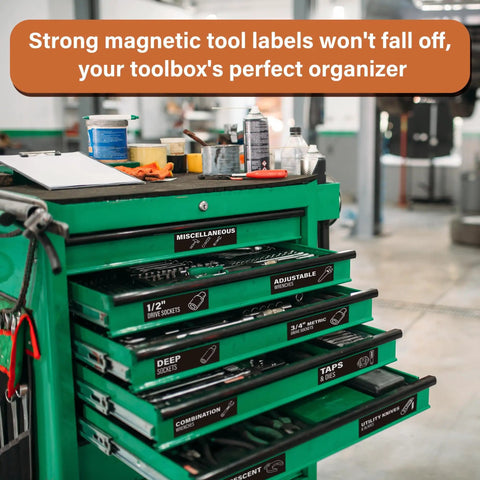 Magnetic Tool Box Labels With Icon 80 Pieces Pre Printed Drawer Markers Strong Magnet Tags For Steel Cabinets And Garage Organization Easy To Spot 3 By 1 Inch Black on green tool cabinet