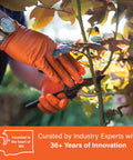 Side view of orange latex-free disposable gloves with raised diamond grip (6 mil) used for pruning plants.