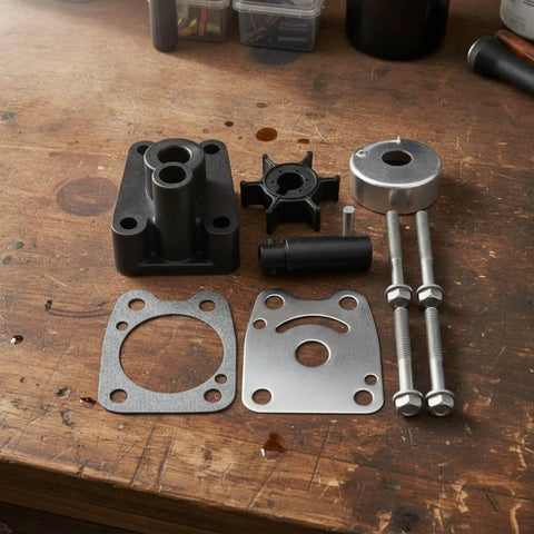 Industrial Water Pump Repair Kit With Impeller Assembly For Marine Outboard Motors 2 Stroke 4 Kilowatts Includes Replacement Components To Refresh Cooling System And Keep Your Marina Workshop On Point. marine pump kit parts on wooden workbench
