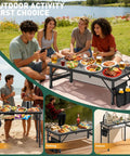 Aluminum Folding Camping Table With 3 Adjustable Heights Up To 27.5 Inches, outdoor setup with food and drinks by a lakeside.