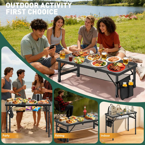 Aluminum Folding Camping Table With 3 Adjustable Heights Up To 27.5 Inches, outdoor setup with food and drinks by a lakeside.