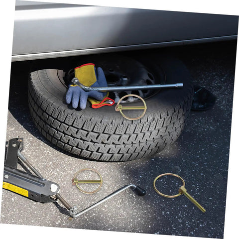 Secure Locking Pin Kit For Trucks Farm Tractors And Trailers 10 Pcs Lynch Pin Assortment With Easy Install Clips Durable Fasteners For Safe Tight Hitch Latches And Equipment Now. Hitch pin set on trailer tire with jack and gloves
