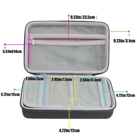 Interior view of the Boss Level Hard EVA Travel Gear Stash Case For Power Banks And Heavy Duty Electronics Accessories showing dimensions.