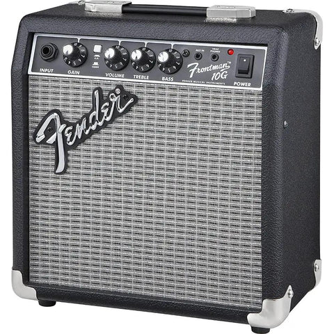 Frontman 10G 10 Watt Guitar Amplifier Bundle With 13 Foot Straight Instrument Cable Drab Green And Joe Strummer Cable For Jam Sessions, Aux Input, Headphone Output, 6 Inch Speaker, One Channel With Gain Overdrive Treble Bass. Compact black practice amp with control panel and logo.
