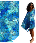 Ultra Thin Lightweight Microfiber Beach Towel With Carry Strap Sand Free Quick Dry Absorbent Compact, Waves Tie Dye design, on person