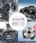 Camera Screw Set AAK2326 26 Pcs displayed with various camera gear, including cages, handles, and accessories in use.
