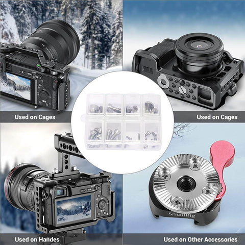 Camera Screw Set AAK2326 26 Pcs displayed with various camera gear, including cages, handles, and accessories in use.