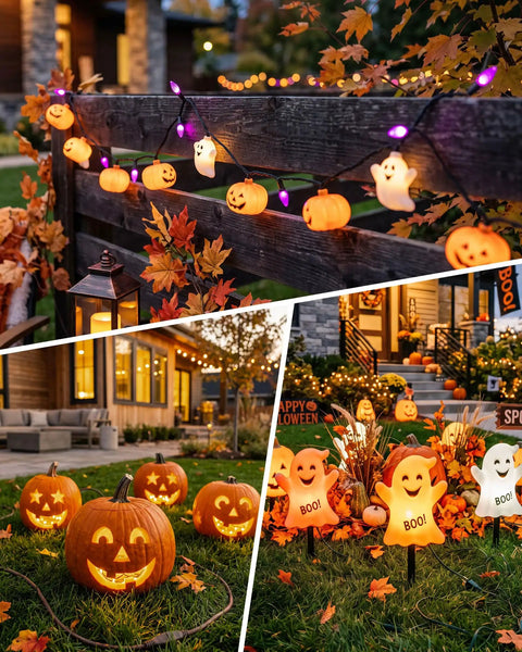 Outdoor Power Stake Timer Equipped With Six Grounded Outlets And An Extended Six Foot Cord Designed For Effortless Backyard Vibes And Landscape Projects Featuring A Chill Weatherproof Dial With Reliable Dusk To Dawn Settings in a decorated Halloween scene.