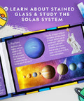 Solar System Stained Glass Suncatcher Craft Kit For Kids With Acrylic Sun And Planets, Glow In The Dark And Metallic Paints, Suction Cups And Hanging Supplies For Window Art Or Mobile, Build Your Own Outer Space Decor showing solar system guide cards
