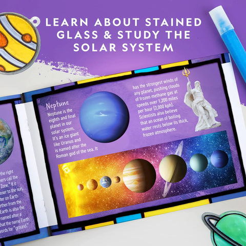Solar System Stained Glass Suncatcher Craft Kit For Kids With Acrylic Sun And Planets, Glow In The Dark And Metallic Paints, Suction Cups And Hanging Supplies For Window Art Or Mobile, Build Your Own Outer Space Decor showing solar system guide cards
