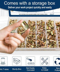 Hand holding a rivet nut in front of a kit; Metric Rivet Nut Assortment Kit With Zinc Plated Finish Pro Grade 7 Size Set M3 M4 M5 M6 M8 M10 M12 Flat Head Rivnuts 890 Pieces Total Carbon Steel Nutsert Kit For DIY Auto And Industrial Projects By Vifmy