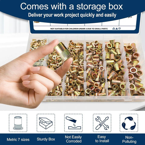 Hand holding a rivet nut in front of a kit; Metric Rivet Nut Assortment Kit With Zinc Plated Finish Pro Grade 7 Size Set M3 M4 M5 M6 M8 M10 M12 Flat Head Rivnuts 890 Pieces Total Carbon Steel Nutsert Kit For DIY Auto And Industrial Projects By Vifmy