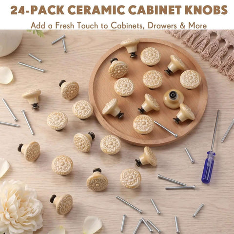 Deadset Classic Light Yellow Ceramic Cabinet Knobs Bundle Featuring 24 Round Vintage Drawer Pulls with detailed flower design on ceramic surface.