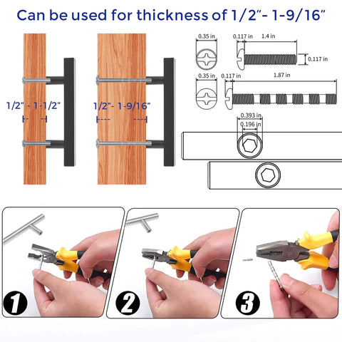 Diagram showing installation of 60 Pack 5 Inch Square Cabinet Pulls Matte Black Stainless Steel Kitchen Drawer Handles, suitable thickness detail.