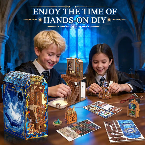 Children assembling DIY Miniature Book Nook Kit With LED Light, Fantasy Bookstore Scene for Your Shelf on a wooden table.