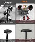 2-Tier Motorcycle Helmet Wall Mount Rack With Hat Stands, dual-layer design, holds helmets and gear, black finish, comparison view