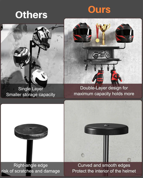 2-Tier Motorcycle Helmet Wall Mount Rack With Hat Stands, dual-layer design, holds helmets and gear, black finish, comparison view