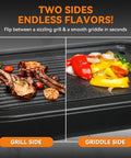 Bakers Friend 2 In 1 Electric Indoor Griddle And Grill With Reversible Non Stick Plate showing grilled steaks and sautéed vegetables.