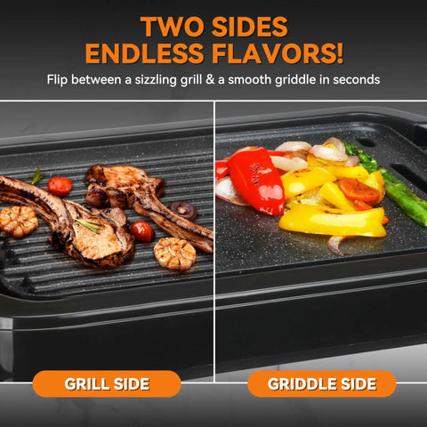 Bakers Friend 2 In 1 Electric Indoor Griddle And Grill With Reversible Non Stick Plate showing grilled steaks and sautéed vegetables.