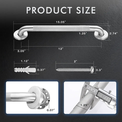 12 Inch Shower Grab Bar Heavy Duty 304 Stainless Steel Handrail Anti Slip Wall Mount For Bathroom Safety Rust Proof dimensions and measurements.