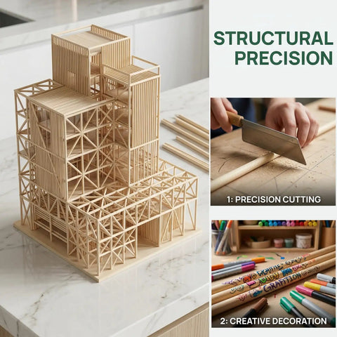 50 Pack Straight Up Real Deal Wooden Dowel Rods 1/4 X 12 Inches Natural Hardwood Craft Sticks used in a model structure.
