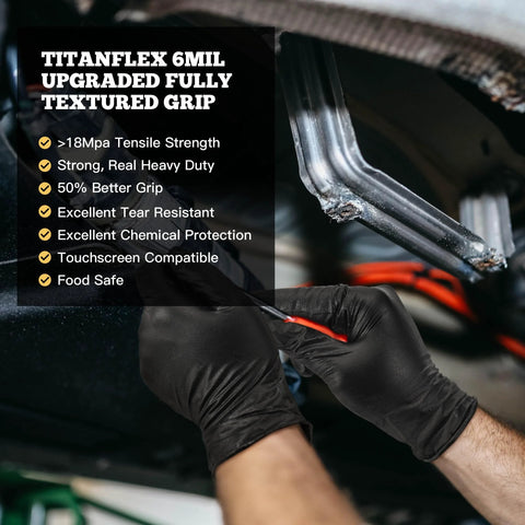 TitanFlex heavy-duty black nitrile gloves, 6-mil, fully textured, medium, pair worn during car repair