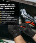 Hands wearing Tough As Nails Black Nitrile Work Gloves 6 Mil Heavy Duty Fully Textured Grip while working on a vehicle.
