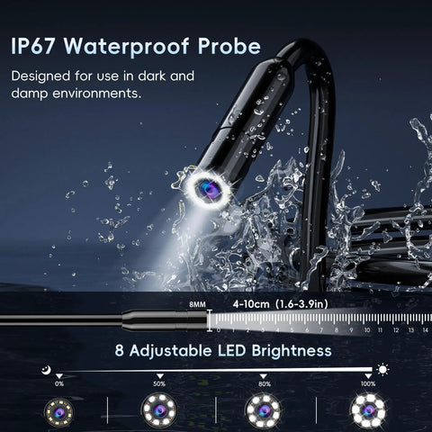Endoscope Camera With Light For Tight Spaces showing IP67 waterproof probe with 8 adjustable LED brightness in splash environment.
