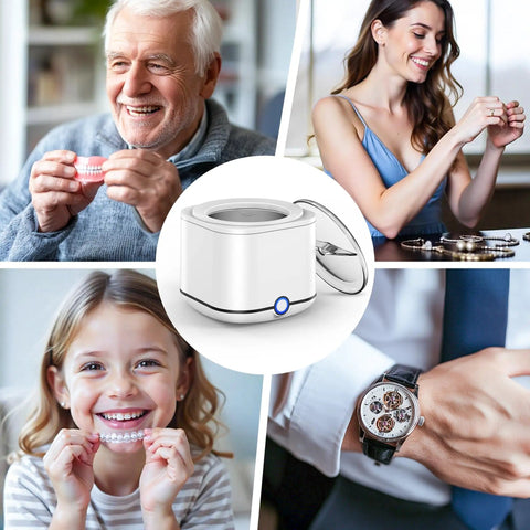 Ultrasonic Retainer Cleaner 48KHz High Frequency Cleaning Machine For Dentures, Mouthguards, Braces with 7.8 Oz Pod in Cool White