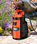 Beast Mode Heavy Duty 1HP Sump Pump With 3500GPH Flow for Pools, Ponds, and Basements, on rocks beside a pond backdrop.