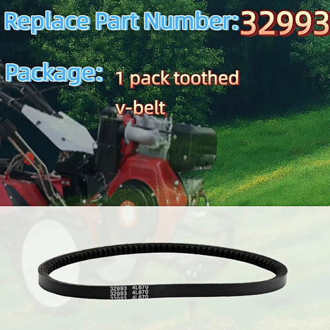 4L670 Replacement V Belt For Rear Tine Tillers Fits Part 32993 package showing notched v-belt in grassy field