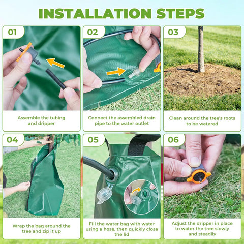 Installation steps for 20 Gallon Tree Watering Bag 3 Pack With Easy Setup And Slow Release Over 1 To 5 Days Deep Root Auto Drip Irrigation