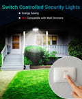 Super Bright Outdoor LED Flood Light 55W 5500LM 5000K lighting up a house exterior with nearby switch being pressed