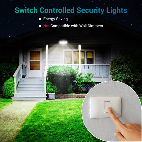 Super Bright Outdoor LED Flood Light 55W 5500LM 5000K lighting up a house exterior with nearby switch being pressed