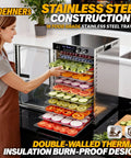 Workhorse Commercial Food Dehydrator Featuring 18 Spacious Stainless Trays And 1100 Watt Heat For Swift Meat Jerky Drying, large trays filled with fruits and vegetables.