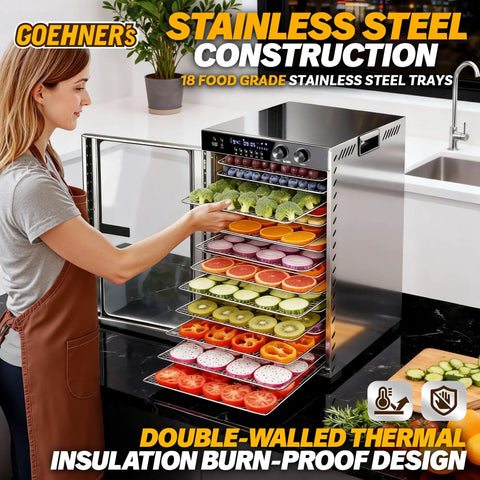 Workhorse Commercial Food Dehydrator Featuring 18 Spacious Stainless Trays And 1100 Watt Heat For Swift Meat Jerky Drying, large trays filled with fruits and vegetables.