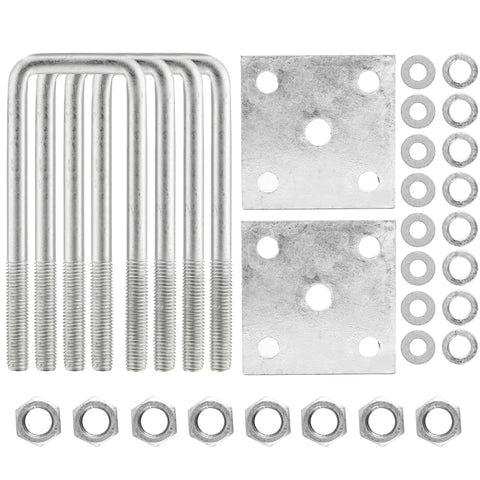 Heavy Duty Hot Dip Galvanized Square U Bolt Kit For 2x2 Trailer Axles, Four And Three Quarters Inch Long, Two Inch Wide U Bolts With Nuts, Washers, Lock Washers And Frame Plates For Boat Trailers And Automotive Use, includes bolts, nuts, washers, plates