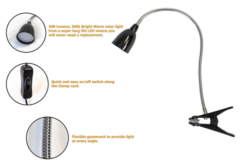 Black Metal Clamp On LED Gooseneck Desk Lamp With 3000K Warm White Light Flexible Arm Easy Clamp 6 Foot Power Cord And Power Adapter Eye Friendly Non Flicker Modern Desk Lighting with details of lamp head, switch and clamp