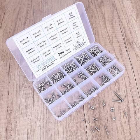 Top Shelf 390 Piece Machine Screw Assortment Kit featuring Phillips pan head bolts and sturdy hex nuts in clear organizer.