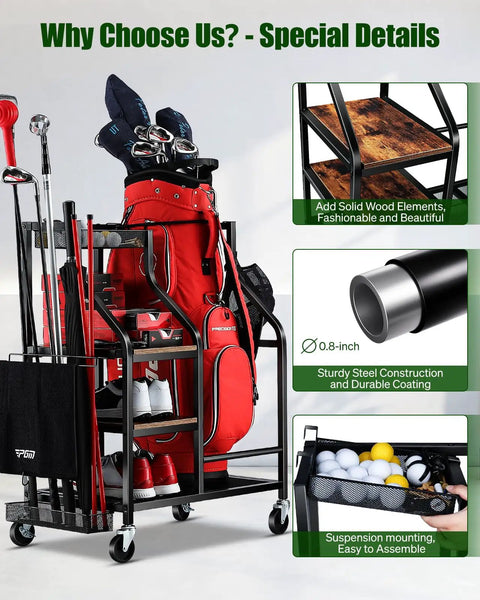 Garage Ready Golf Bag Organizer With Wheels Keeps Your Golf Gear Off The Floor Holds One Standard Bag Plus Clubs