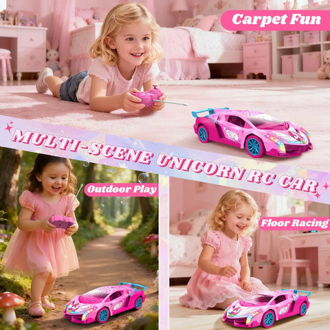 Girls Rainbow Glow Remote Control Car with Drift Wing and Unicorn Style Lights shown in indoor and outdoor settings