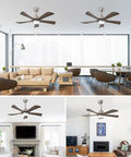 42" 5PCS Solid Wood Blades Ceiling Fan with Lights Remote Control, Nickel installed in modern living spaces with stylish decor.