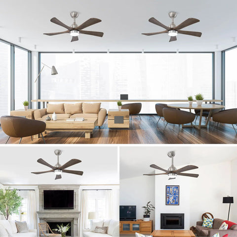 42" 5PCS Solid Wood Blades Ceiling Fan with Lights Remote Control, Nickel installed in modern living spaces with stylish decor.