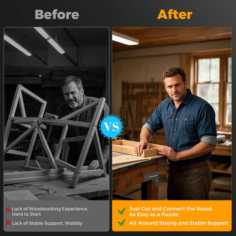 Before and after using Your Shop Go To Galvanized Steel Workbench And Shelving Hardware Kit for sturdy wood bench builds