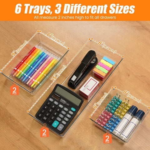 6 Pack Large Clear Drawer Organizer Set Made Of Acrylic, 3 Size Options, Non Slip Non Cracking Storage Trays For Kitchen, Cosmetics, Bathroom, Tools And Office, Must Have Easy Access, Durable Organization with stationery items visible