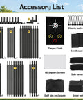 Accessory list for Indoor Golf Simulator Enclosure Net Kit 10x8ft with HD Impact Screen showing frame parts, screen, and nets.
