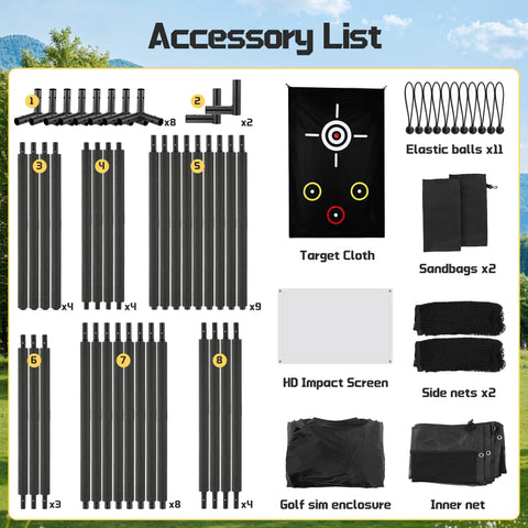 Accessory list for Indoor Golf Simulator Enclosure Net Kit 10x8ft with HD Impact Screen showing frame parts, screen, and nets.